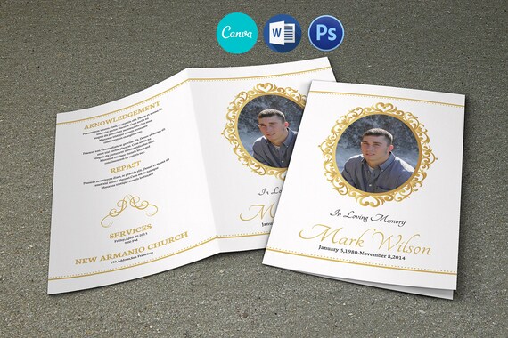 White & Gold Funeral Program Template: Editable Bifold Brochure (Canva, Word, Photoshop)