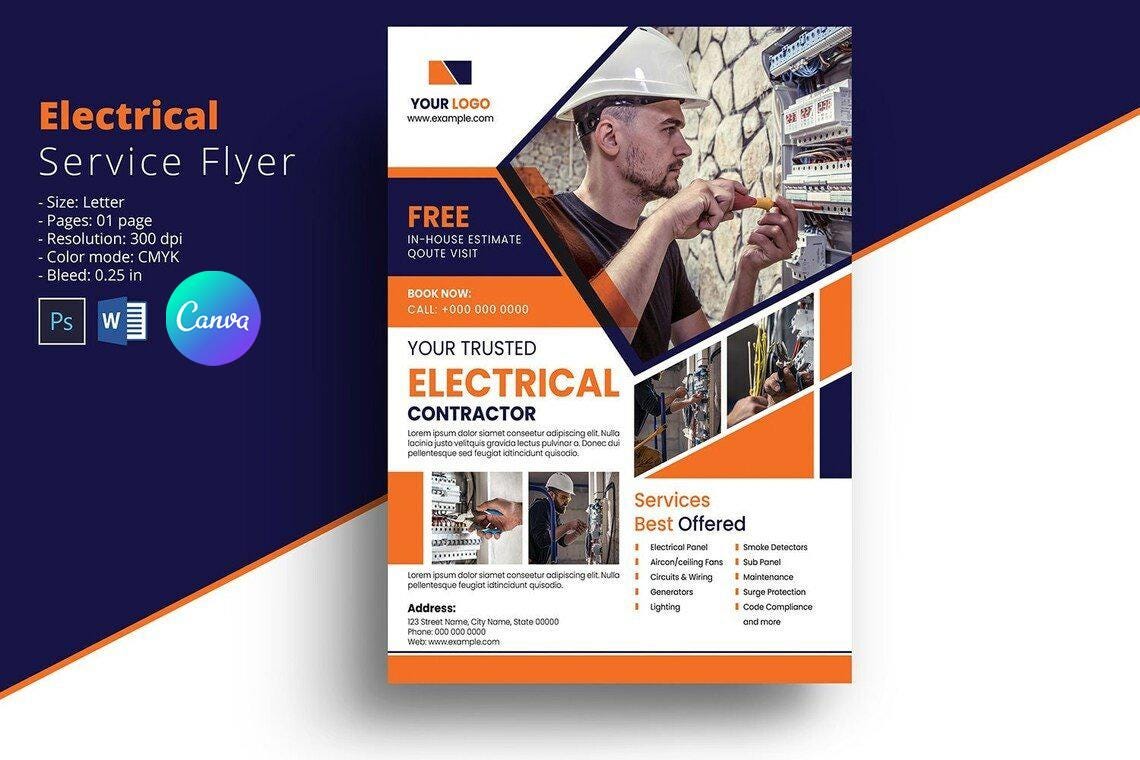 Electrical Service Flyer Template: Modern Contractor Ad (Canva, Photoshop, Word)