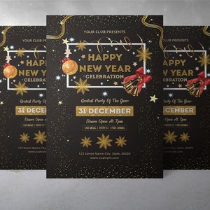 Modèle de Flyer Invitation fête nouvel an | Carte d’Invitation nouvel an | Photoshop, éléments et modèle MS Word | Téléchargement immédiat
