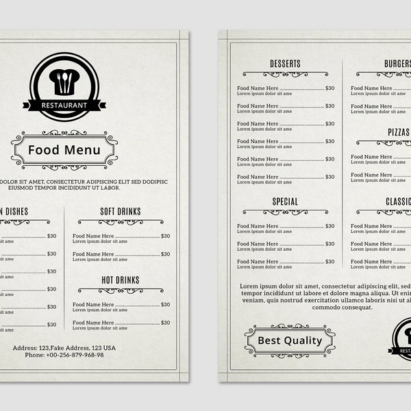 Restaurant Menu Template,  Food Menu Flyer Template | Restaurant Flyer |  Ms Word & Photoshop Template | Instant download