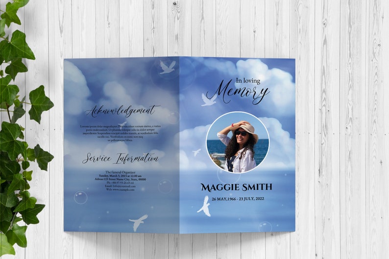 Printable Funeral Program Template Blue Sky Obituary Etsy