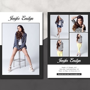 May include: A model's composite card with four photos of a woman wearing different outfits. The card includes her name, "Jenifer Emilyn", height, weight, hair color, bust, waist, hips, dress size, phone number, and website.