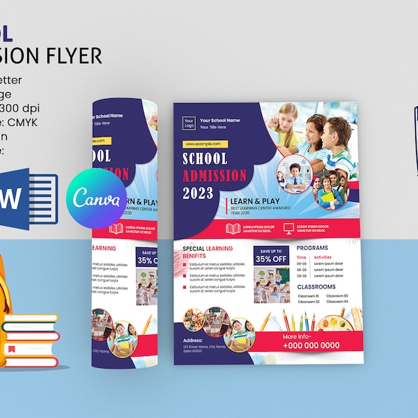 School Admission Flyer Template, Kids Kindergarten School Promotion Flyer | Photoshop , MS Word and CanvaTemplate | Instant Download