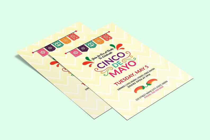 May include: A yellow and white invitation with colorful paper flags and the text "Join Us For A Fiesta To Celebrate Cinco De Mayo" and "Tuesday, May 5" with details about the event.