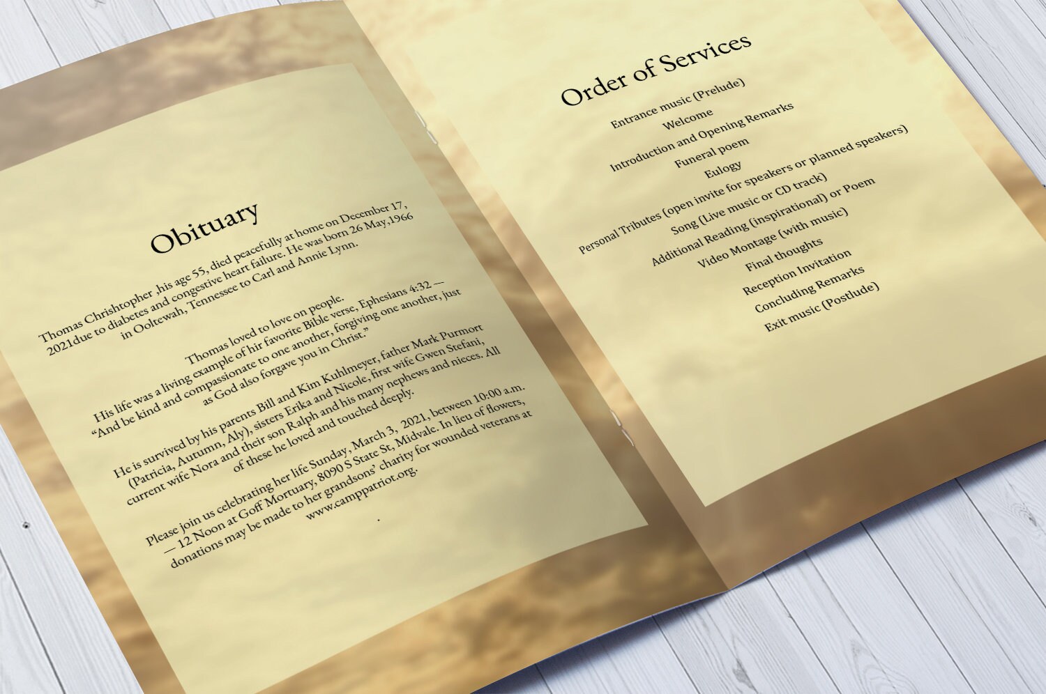 Printable Funeral Program Template Golden Sky Obituary - Etsy