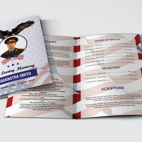 Funeral Program Template for  Military Army | Memorial Program Template | MS Word  & Mac Page Template | Instant Download | Fp-307