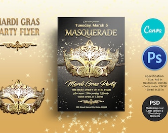 Mardi Gras Party Flyer Template | Masquerade Carnival  Invitation Flyer |  Canva , Photoshop & Elements Template | Instant download