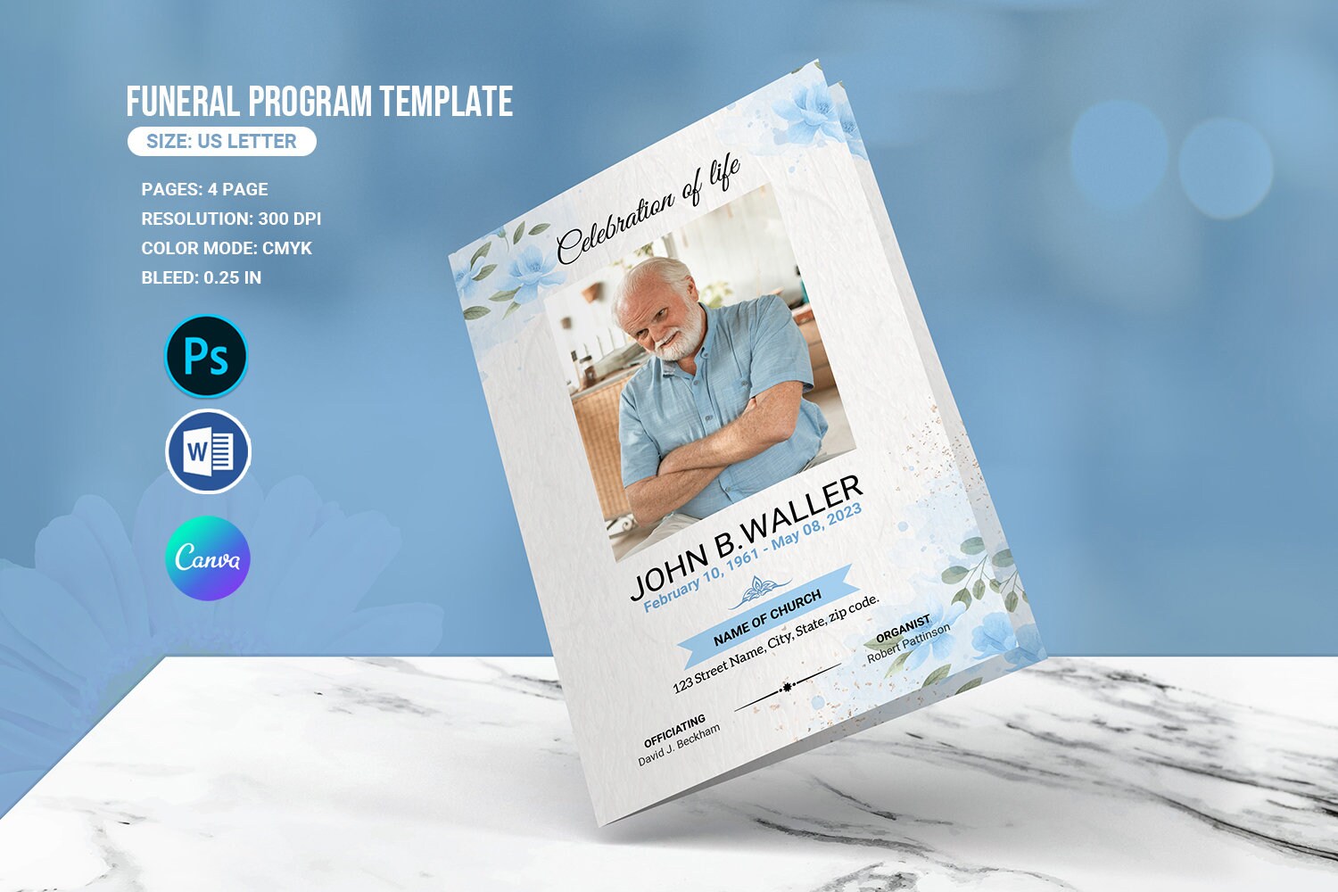 Szablon programu pogrzebowego z motywem kwiatowym do wydrukowania | Szablon nekrologu | Szablon Ms Word, Photoshop i Canva | Natychmiastowe pobranie Fp-549