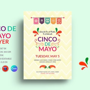 May include: A yellow and white chevron patterned flyer with the text "Cinco de Mayo" in colorful letters. The flyer advertises a Cinco de Mayo celebration with free entry, live music, food, and drinks. The flyer also includes the date, time, and location of the event.