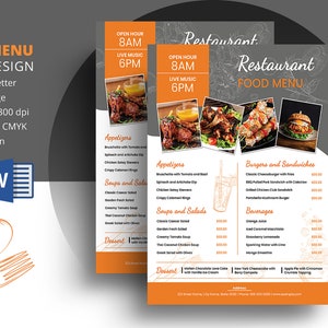 Plantilla de volante de menú de restaurante / Plantilla de volante de menú de comida / Ms Word, Plantilla de Photoshop / Descarga instantánea