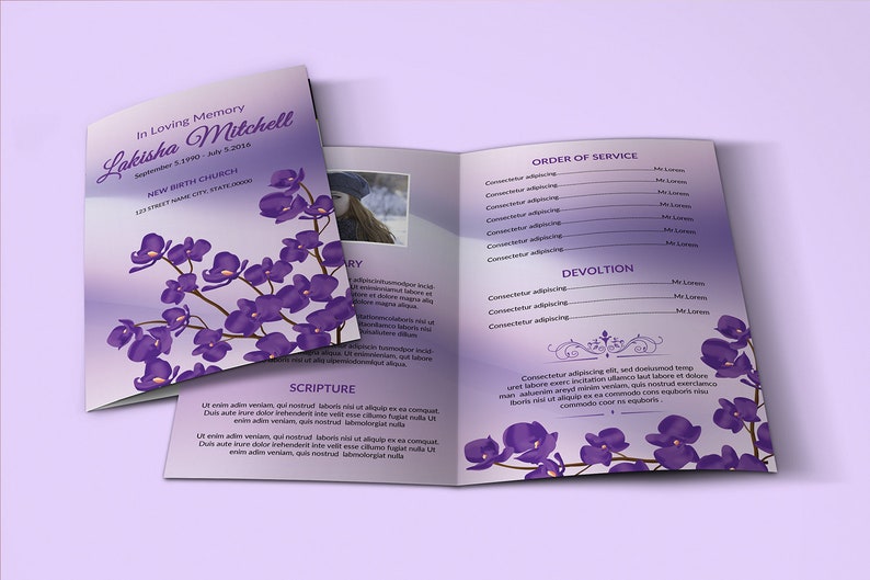 Funeral Program Template Purple Flower Obituary Template Etsy
