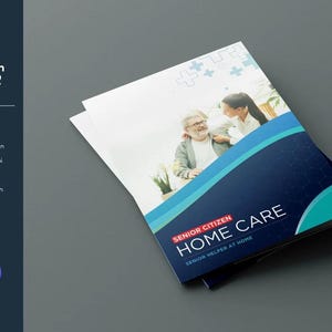 シニアホームケアセンターのプレゼンテーションフォルダーデザインテンプレート。Photoshop と Canva のテンプレート | すぐにダウンロード