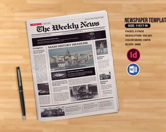 Newspaper Template , 8 Page Newspaper |  Adobe Indesign and MS Word Template | | Instant download