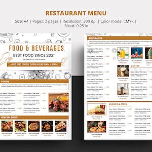 Restaurant menu template, Food Menu Flyer Template | Printable Digital Menu flyer | Photoshop and MS Word Template | Instant download