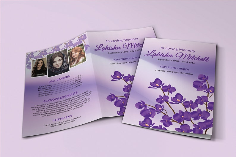 Funeral Program Template Purple Flower Obituary Template Etsy