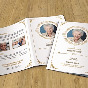 May include: A funeral program with a portrait of a woman, gold floral accents, and the text "In Loving Memory Of ROESS ROSARIAO." The program includes details about the service and funeral home.
