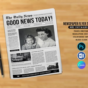 1 ページの新聞テンプレート、 | Adobe Photoshop、MS Word、Canva テンプレート | | 即時ダウンロード