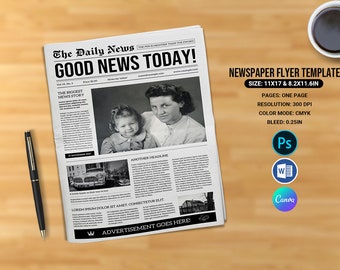 One Page Newspaper Template , |  Adobe Photoshop , MS Word & Canva Template | | Instant download