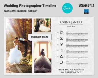 Wedding Day Timeline Template , Wedding Day Itinerary | Wedding Day Schedule Template | Photoshop and Canva