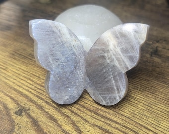 May include: A white butterfly-shaped selenite crystal with a smooth, polished surface.