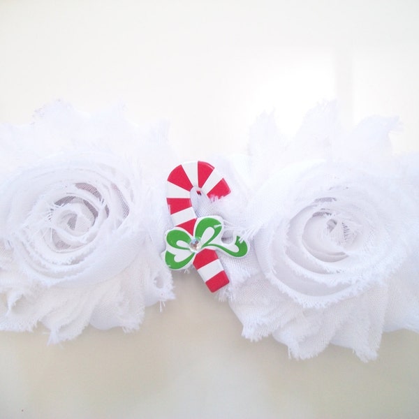 Christmas White Shabby Chic Roses with Candy Cane Embellishment on Red Glitter FOE.Baby Headband-Gift-Boutique Bow-Hair Clips-Barrette,