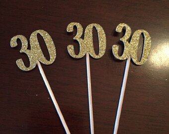 12 "30" cupcake toppers, birthday, anniversary decorations.