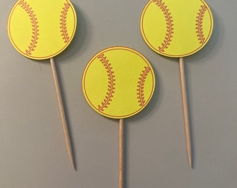 12 softball cupcake toppers. Sports party decorations.