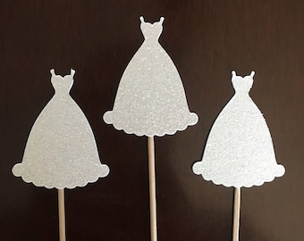 12 wedding dress cupcake toppers. Bridal shower, bachelorette party decorations.