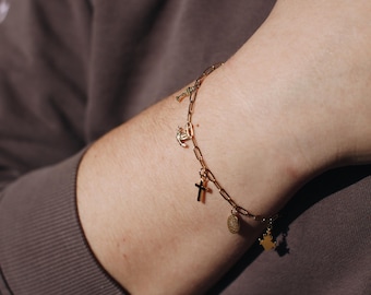 Pulsera católica con dijes: Pulsera de fe dorada, joyería de confirmación.