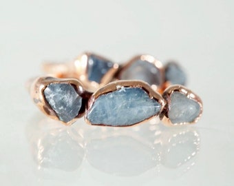 Raw Aquamarine Multistone Ring Copper Stacking Ring Gift for Mom March Birthstone Gift for Her