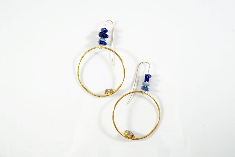Raw Diamond Hoop Earrings \u2022 Lapis Earrings \u2022 Statement Earrings \u2022 Raw Crystal Earrings