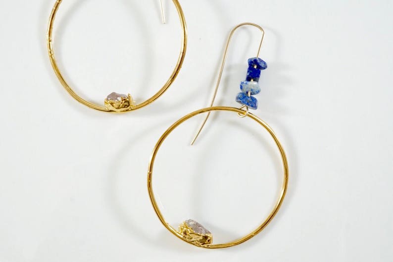 Raw Diamond Hoop Earrings \u2022 Lapis Earrings \u2022 Statement Earrings \u2022 Raw Crystal Earrings