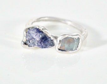 Multistone Ring Raw Gemstone Blue Sapphire Lake County Diamond Statement Ring Big Stone Ring Gift for Her Christmas Gift