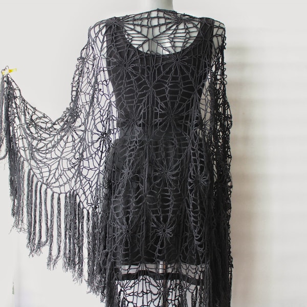 Black shawl cape spider web, Crochet boho lace fringe shawl