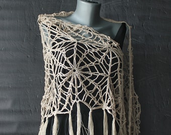 Halloween crochet shawl spider web Boho shawl wrap Organic cotton linen shawl fringe Beige shawl Gothic Witch cobweb shawl