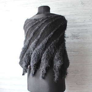 Black faux fur cape Loose knit poncho Goth Boho capelet Fur shrug Bridal cover up Feather cape