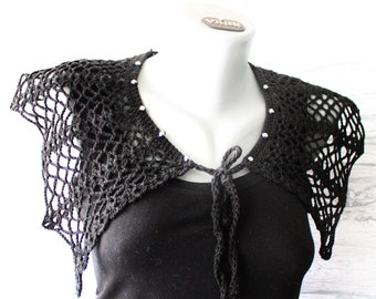 Black lace collar, Gothic Victorian cape, Crochet bat collar with silver crystal beads