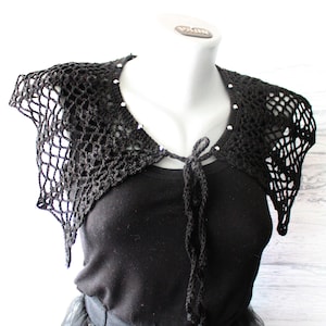 Black lace collar, Gothic Victorian cape, Crochet bat collar with silver crystal beads