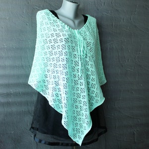 Hand Knit Organic Cotton Poncho: Mint Green Asymmetrical Boho Cape