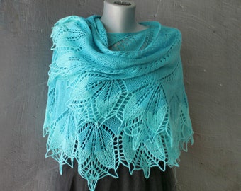Hand knitted shawl lace Turquoise shawl for bride Plus size wedding shawl