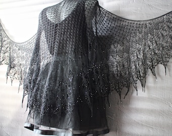 Black lace shawl wrap from merino wool Victorian mourning knit shawl Witch Goth Mori girl