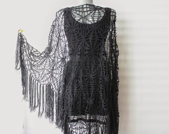 Black shawl cape spider web, Crochet boho lace fringe shawl