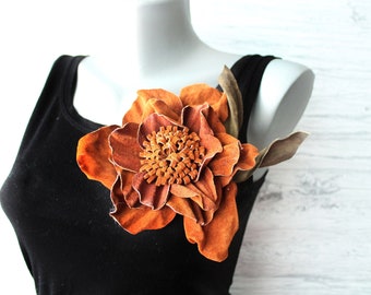 Large brooch flower boutonniere , Shawl pin, Fall wedding bridal brooch, Leather 3rd anniversary gift