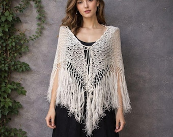Fringe Boho Shawl/natural Beige Shawl/summer Cover Up/cotton  Elegant Fringe Knit Triangle Shawl Wrap Trendy Boho Open Front Pashmina Scarf main image 0