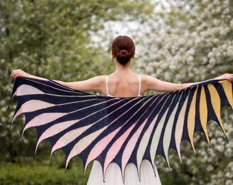 Rainbow Knit Bird Wing Shawl: Merino Wool Boho Wedding Stole