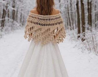 Crochet Cotton Bridal Capelet, Gothic Lace Shoulder Cover Up, Beige Wedding Shawl, Cottagecore Wrap
