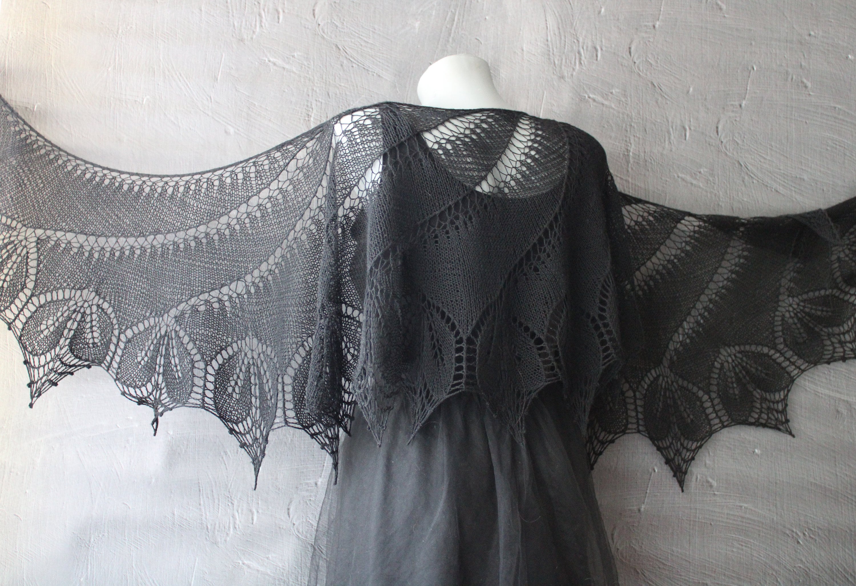 Black Lace Shawl Hand Knit Victorian Mourning Shoulder Wrap Cape 