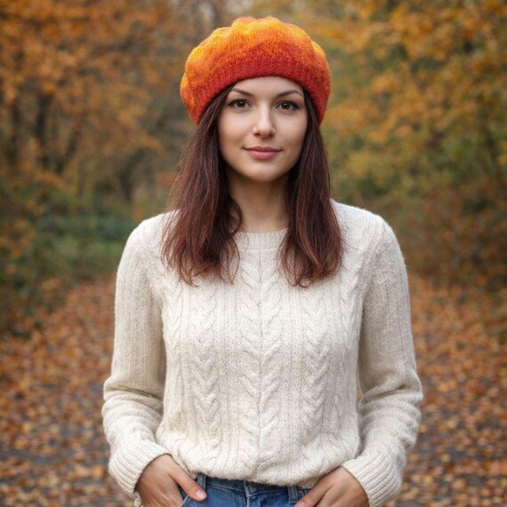 Women orange pumpkin knit Hat Knit Beret Hat Cap NAZISHW Pumpkin Beret Hat Parent-Mother Beanie Knit Hat Mom  main image 4