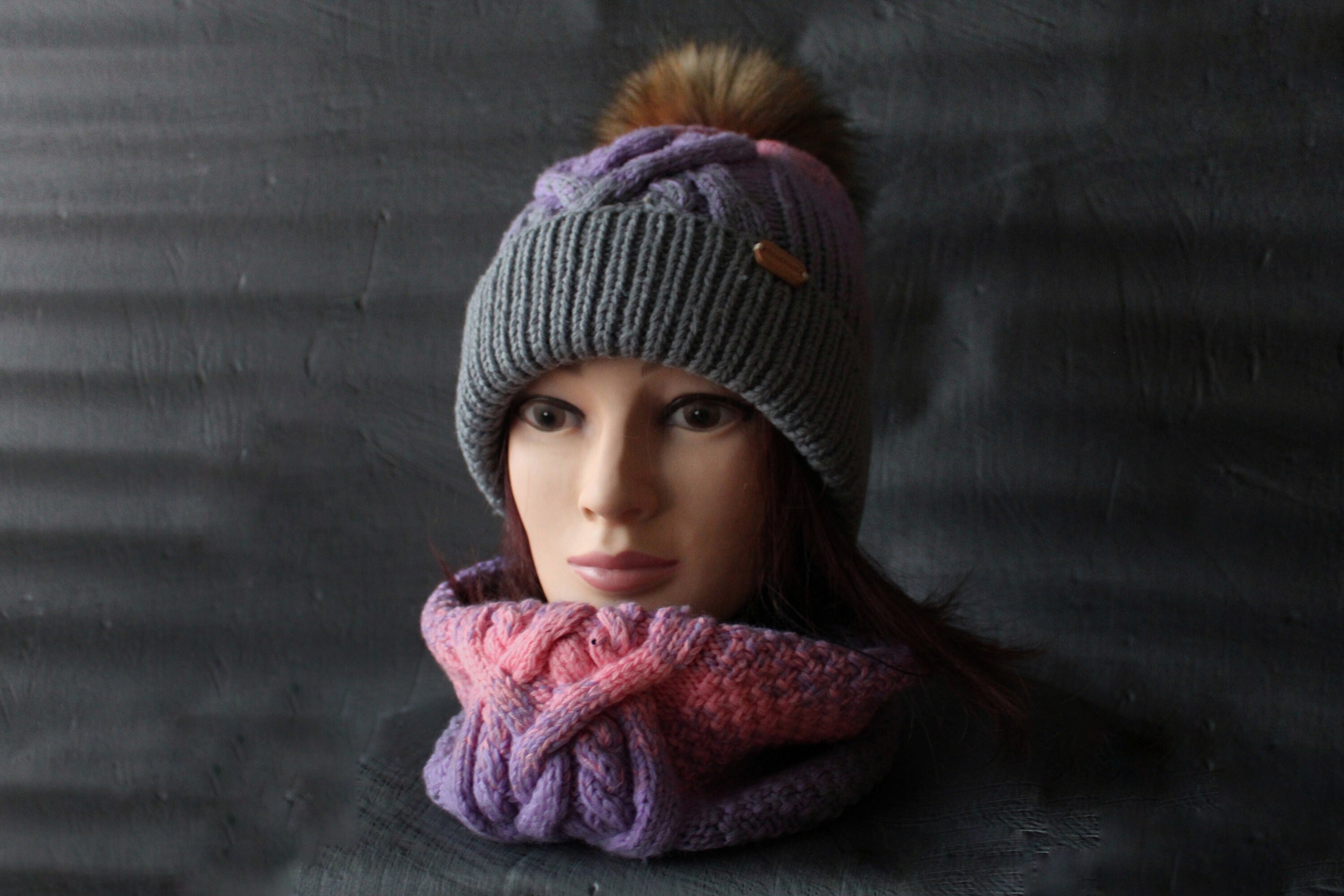 豊富なギフト Knit Hat Ombre Wool Merino Brim With Hat Cable Set Scarf and 帽子