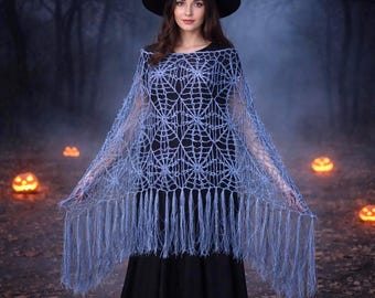 Poncho all'uncinetto a ragnatela, mantello di Halloween per donne formose, ragnatela di lino biologico, copricostume con frange, matrimonio gotico, estetica da strega, Burning Man